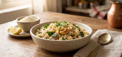 Rava upma water ratio illustrated by a bowl of fluffy semolina upma with curry leaves