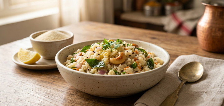 Rava upma water ratio illustrated by a bowl of fluffy semolina upma with curry leaves
