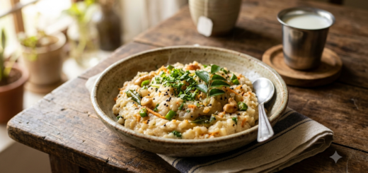 Rava upma with milk served warm with mustard seeds, curry leaves and coriander
