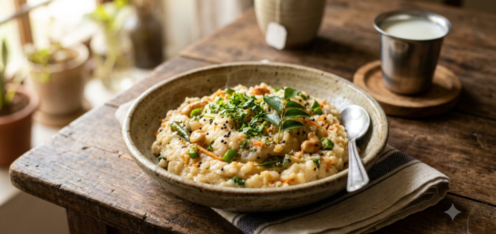 Rava upma with milk served warm with mustard seeds, curry leaves and coriander