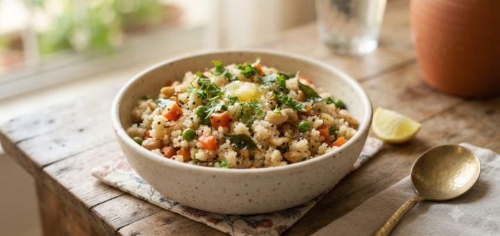 Rava upma without curd made with wheat rava and vegetables
