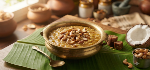 Sakkarai Pongal Coconut Milk with jaggery, cashews and raisins
