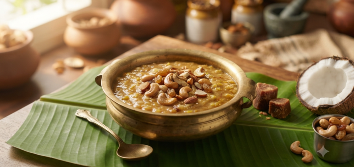 Sakkarai Pongal Coconut Milk with jaggery, cashews and raisins
