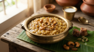 Sakkarai pongal recipe with milk topped with cashews and raisins