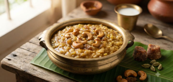 Sakkarai pongal recipe with milk topped with cashews and raisins