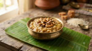 Sakkarai pongal with karupatti topped with ghee-roasted cashews and raisins