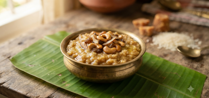 Sakkarai pongal with karupatti topped with ghee-roasted cashews and raisins