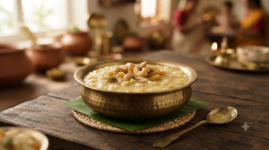 Sakkarai pongal with sugar topped with ghee-fried cashews and raisins