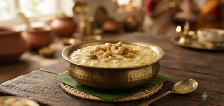 Sakkarai pongal with sugar topped with ghee-fried cashews and raisins