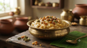 Sakkarai pongal without cooker with jaggery, ghee and cashews