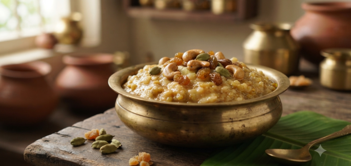 Sakkarai pongal without cooker with jaggery, ghee and cashews