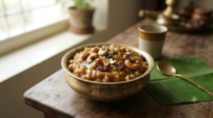 Sakkarai pongal without dal with jaggery, ghee, cashews and raisins