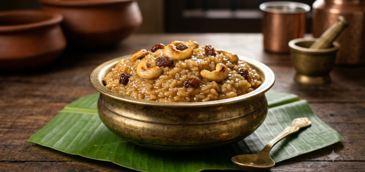 Sakkarai pongal without dal in a brass bowl topped with roasted cashews and raisins