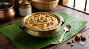 Sakkarai pongal with pachai karpooram garnished with cashews and raisins in a traditional brass bowl