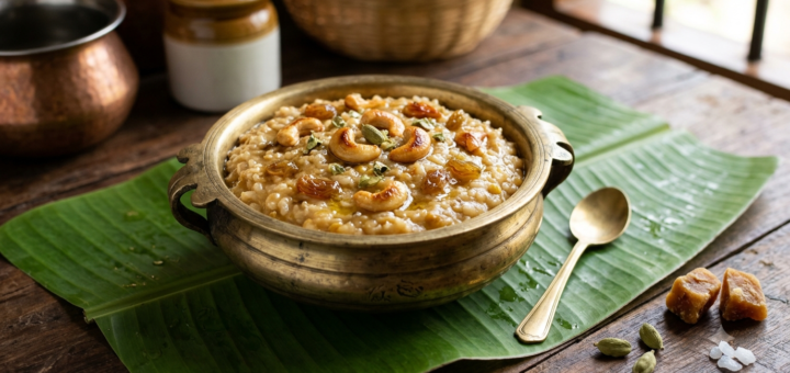 Sakkarai pongal with pachai karpooram garnished with cashews and raisins in a traditional brass bowl