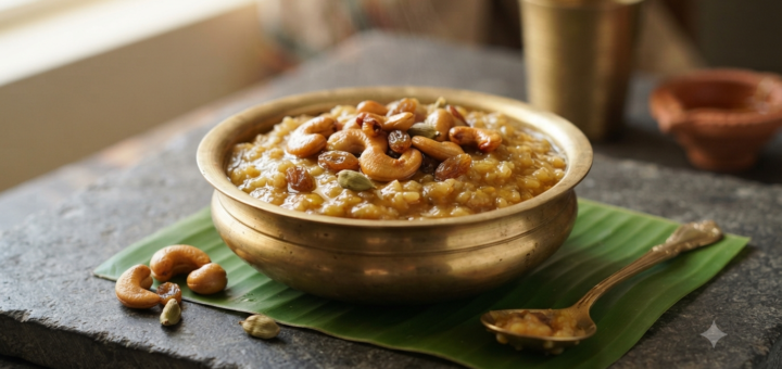 Sweet Pongal Recipe Jaggery with ghee-roasted cashews and raisins
