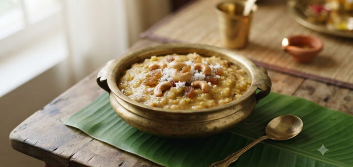 Sweet pongal recipe with coconut, jaggery, ghee and roasted cashews