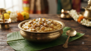 Sweet pongal recipe with milk, jaggery, ghee, cashews and raisins
