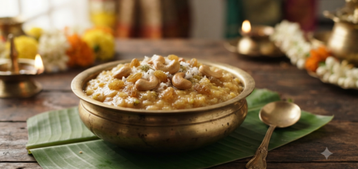 Sweet pongal recipe with milk, jaggery, ghee, cashews and raisins
