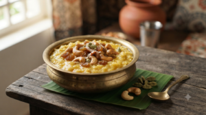 Sweet pongal recipe with sugar topped with roasted cashews and raisins