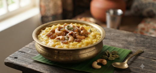 Sweet pongal recipe with sugar topped with roasted cashews and raisins