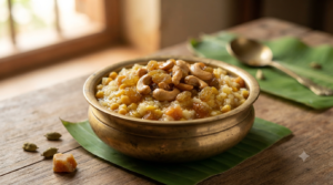 Sweet pongal with chana dal, jaggery, ghee and roasted cashews