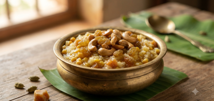 Sweet pongal with chana dal, jaggery, ghee and roasted cashews