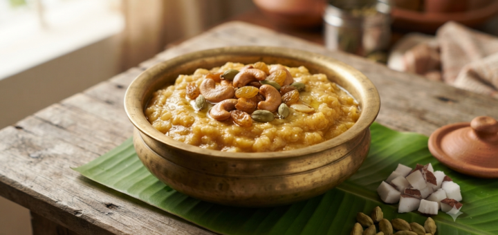 Sweet pongal with coconut milk topped with cashews and raisins