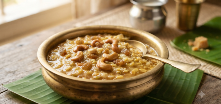 Sweet pongal with milk in a brass bowl with ghee-roasted cashews and raisins