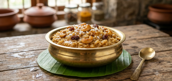 Sweet pongal without moong dal with jaggery, coconut, ghee and roasted cashews