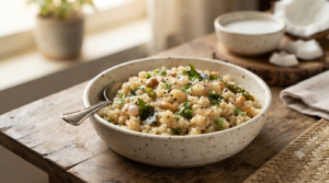 Wheat rava upma coconut milk recipe with curry leaves and coriander