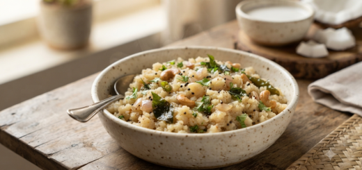 Wheat rava upma coconut milk recipe with curry leaves and coriander
