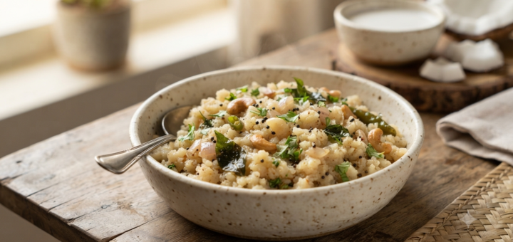 Wheat rava upma coconut milk recipe with curry leaves and coriander