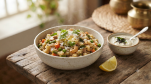 Wheat rava upma recipe with vegetables and South Indian tempering