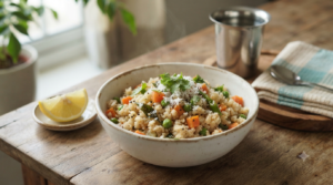 Wheat upma without oil with carrots, peas and curry leaves