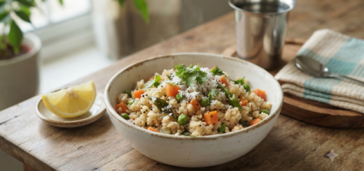 Wheat upma without oil with carrots, peas and curry leaves