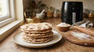 Air fryer chapati made with whole wheat atta, served on a plate beside an air fryer