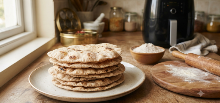 Air fryer chapati made with whole wheat atta, served on a plate beside an air fryer