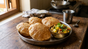 Poori recipe without salt showing golden puffed whole-wheat pooris on a plate