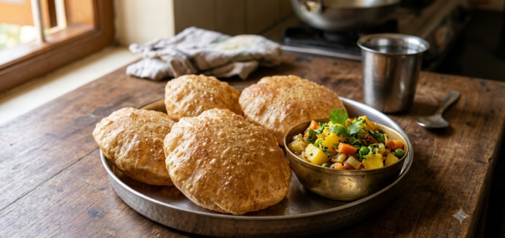 Poori recipe without salt showing golden puffed whole-wheat pooris on a plate