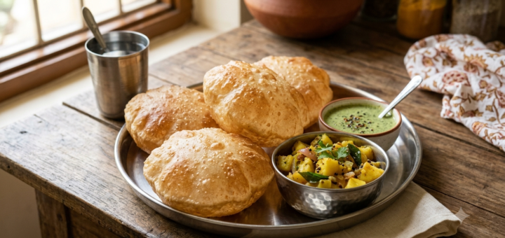 Poori without baking powder made with whole-wheat atta, served golden and puffed with potato curry