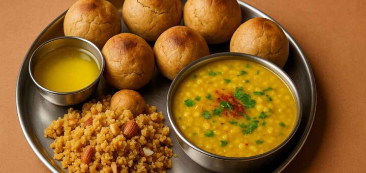 Authentic Rajasthani Dal Baati Churma served with ghee and churma