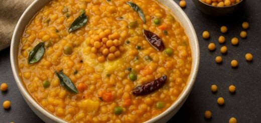 Karnataka Style Bisi Bele Bath served with boondi, curry leaves, and ghee