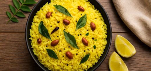 South Indian Lemon Rice Recipe served in a bowl with curry leaves, peanuts, and lemon wedges