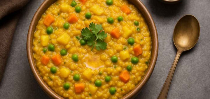 Millet vegetable khichdi served in a ceramic bowl garnished with coriander and lime wedge