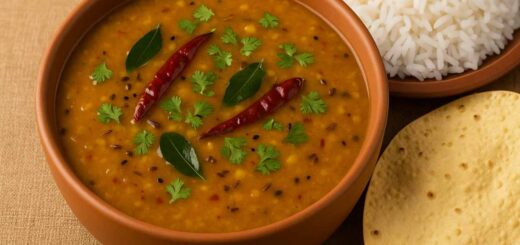 Gujarati Dal Recipe with steamed rice and papadum in a clay bowl