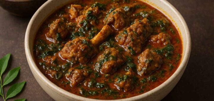 Andhra Gongura Mutton Curry served in a bowl