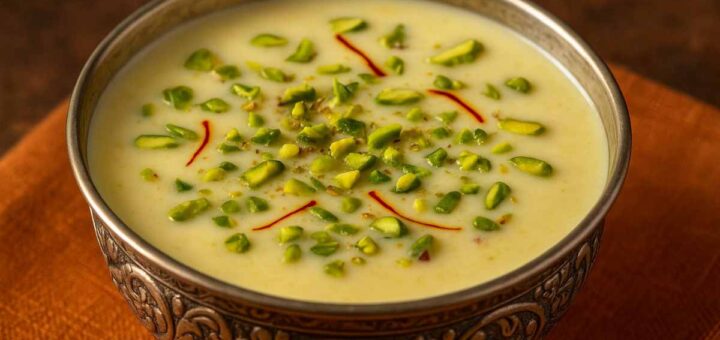 Kesar Pista Basundi served in a silver bowl with saffron strands and chopped pistachios – traditional Gujarati dessert