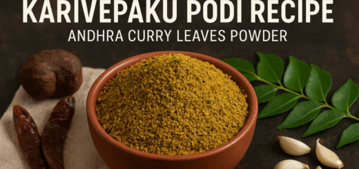 Karivepaku Podi Recipe – Andhra Curry Leaves Powder in an earthen bowl with curry leaves, red chillies, and garlic