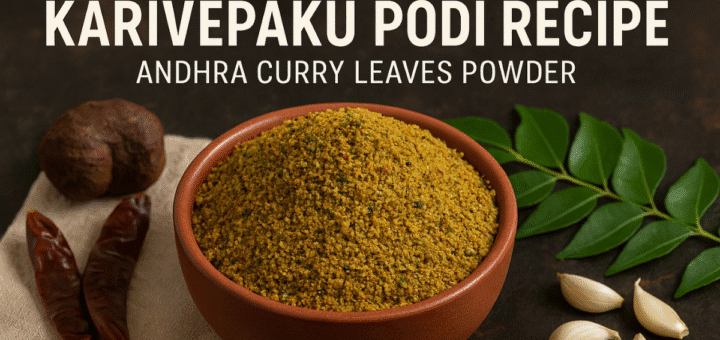 Karivepaku Podi Recipe – Andhra Curry Leaves Powder in an earthen bowl with curry leaves, red chillies, and garlic